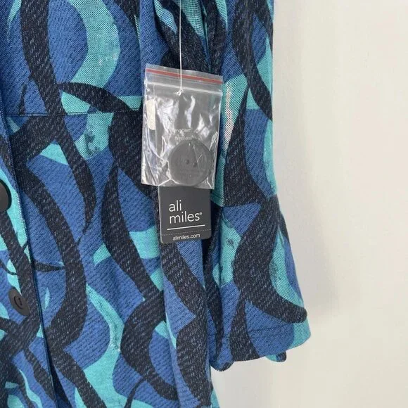 Ali Miles Blue Button Front Bell Sleeve Tunic Wired Collar Art to Wear  NWT - Picture 6 of 9